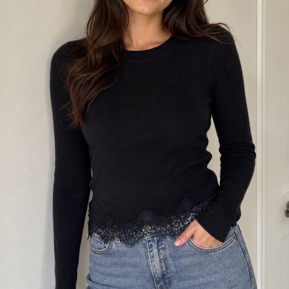 Rebecca Taylor Black Wool Alpaca Lace Trim Sweater Long Sleeve Crew Neck XS y2